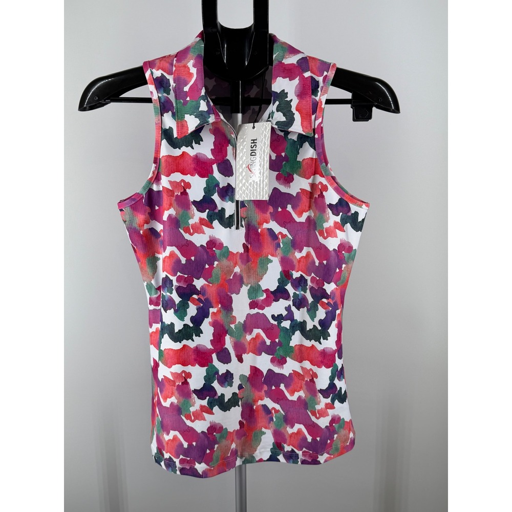 Swingdish‎ Womens XS Sleeveless Golf Polo Top Pink Purple Watercolor Floral NWT